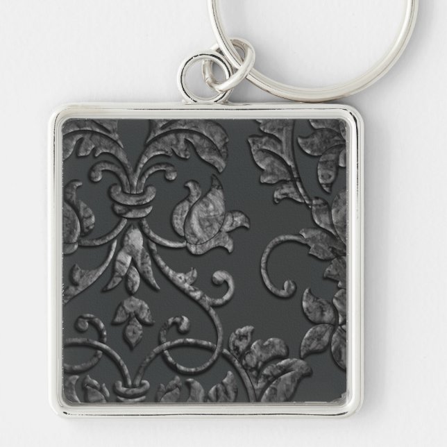 Embossed Metallic Damask, Pewter Fyrkantig Silverfärgad Nyckelring (Framsidan)