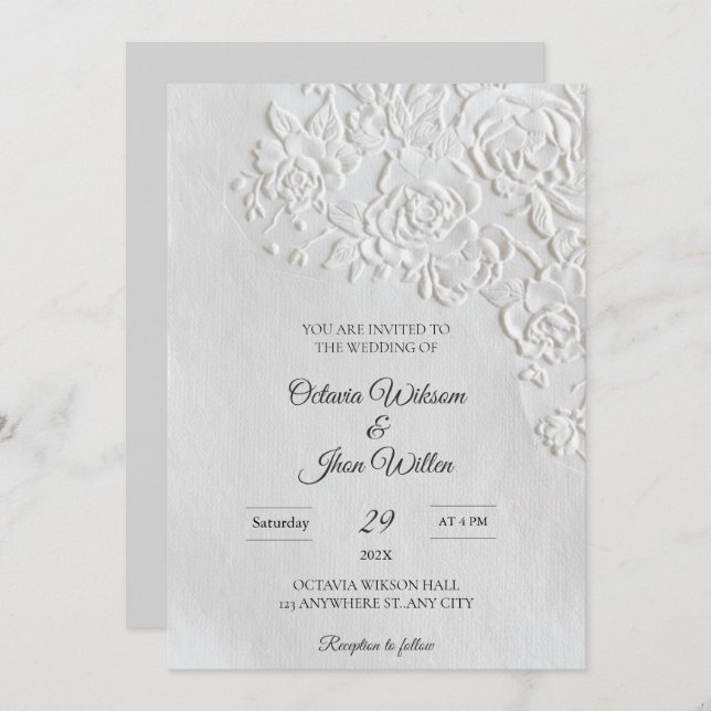 Embossed Roses Deckled Edge Sage Wedding Inbjudningar (Fram/baksida)