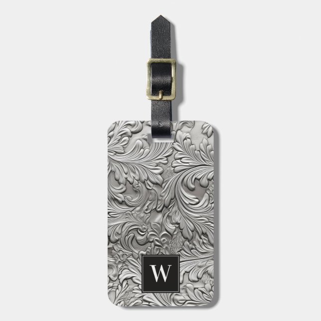 Embossed Silver Löv Luggage Tag Bagagebricka (Vertikal Framsida)