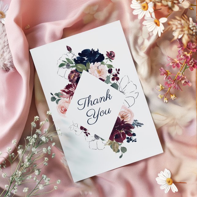 Embrace Blommigt Bröllop | Burgundy Navy Blue Tack Kort (Skapare uppladdad)