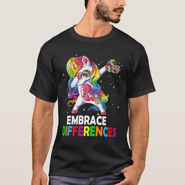 Embrace Differences Unicorn Dabbing Puzzle Autism  T Shirt (Framsida)