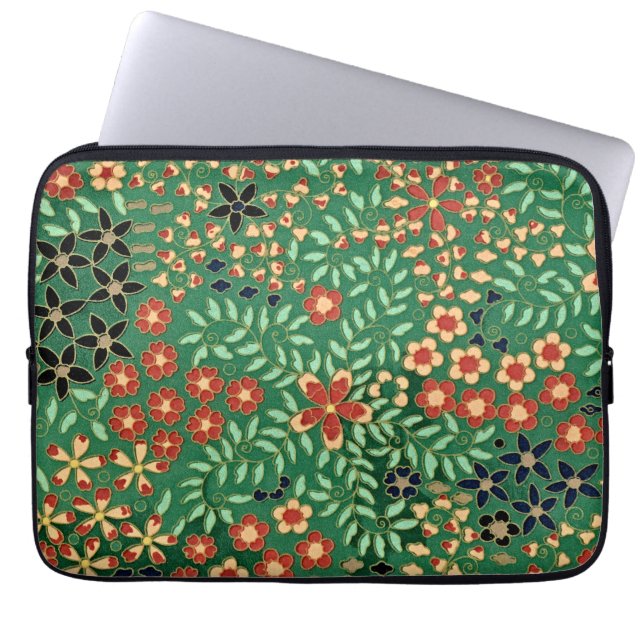 Embrace Elegance: Grönt Japansk Blommigt Laptop Fodral (Framsidan)