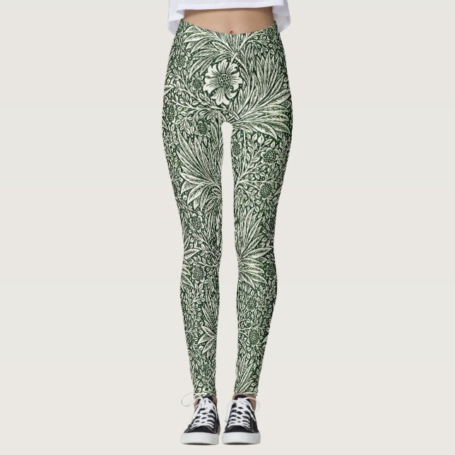 Embrace Nature's Elegance: Grönt Marigold Blommigt Leggings (Framsida)