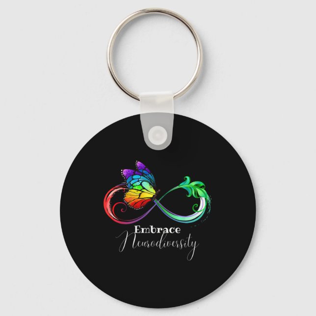 Embrace Neurodiversity Rainbow Infinity Butterfly Nyckelring (Framsida)