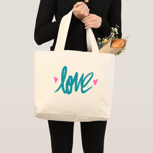 Embrace The Love Turquoise Pink Heart Tote Bag Jumbo Tygkasse (Framsida (produkt))