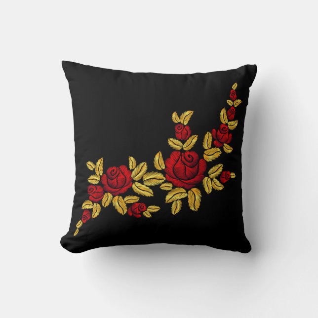 Embroderad Röd ros Golden Löv Black Kudde (Framsida)