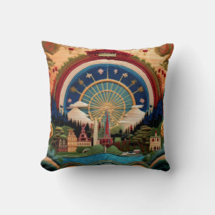 Embroderad-Stil Ferris Wheel och Scenia Landscap Kudde