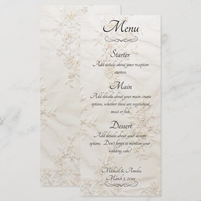 Embrodered Snöre Bröllop Menu Meny (Fram/baksida)