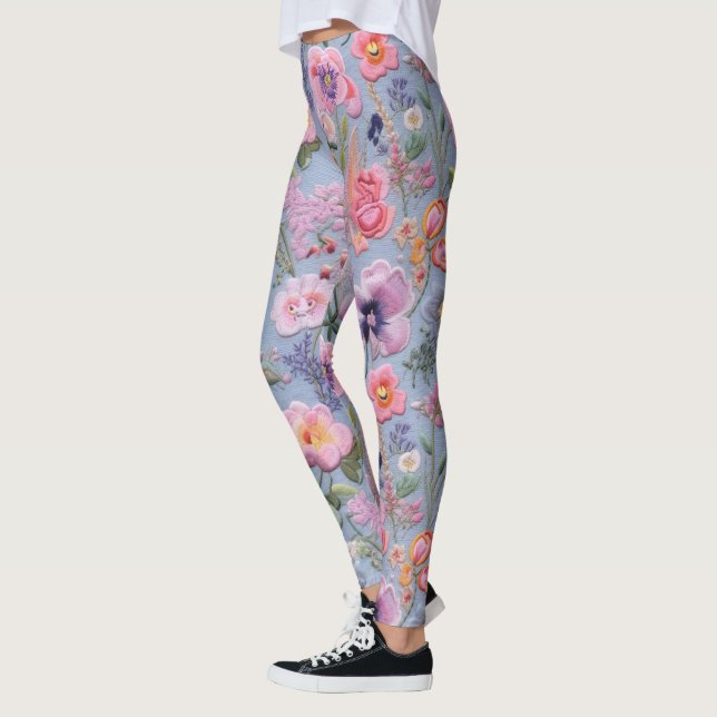 Embroiderad Blommigt Sömlös Mönster Leggings (Vänster)
