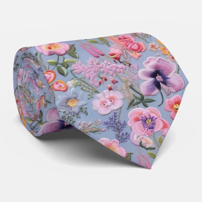 Embroiderad Blommigt Sömlös Mönster Slips (Rullad)