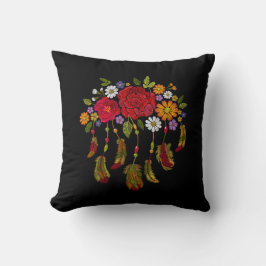 Embroiderad Boho Feather Red Gult Blommigt Black Kudde