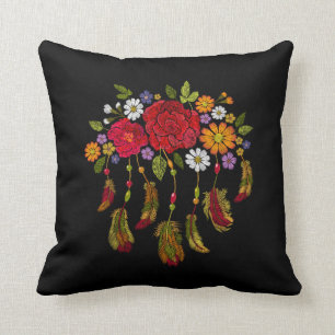 Embroiderad Boho Feather Red Gult Blommigt Black Kudde