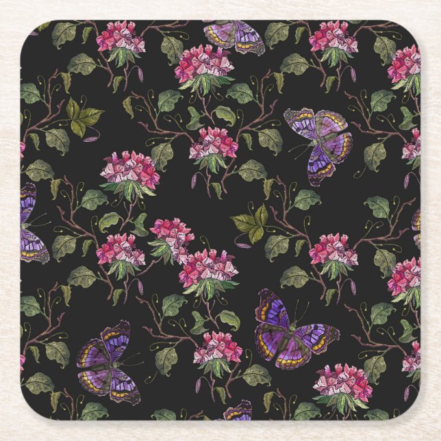 Embroiderad Datura Flowers: Botanisk konst Underlägg Papper Kvadrat (Framsidan)