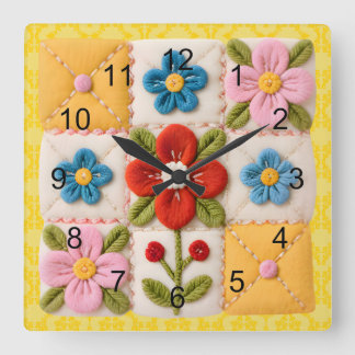 Embroidered Flower Patchwork Quilt Fyrkantig Klocka