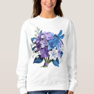 Embroidered Hydrangeas and Dragonfly Botanical Art T Shirt