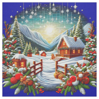 Embroidered Look Outdoor Winter Christmas Scene Tyg