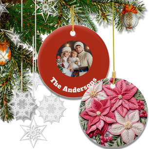 Embroidery Effect jul Poinsettia Photo Julgransprydnad Keramik