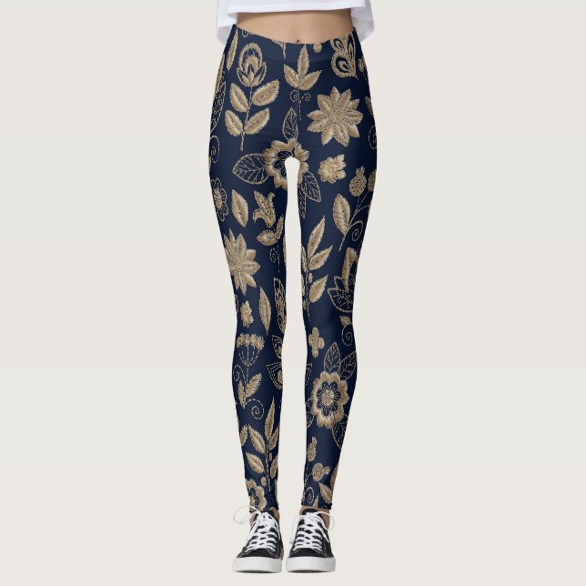 Embroidery Flowers Mörk Vintage Ornament Leggings (Framsida)