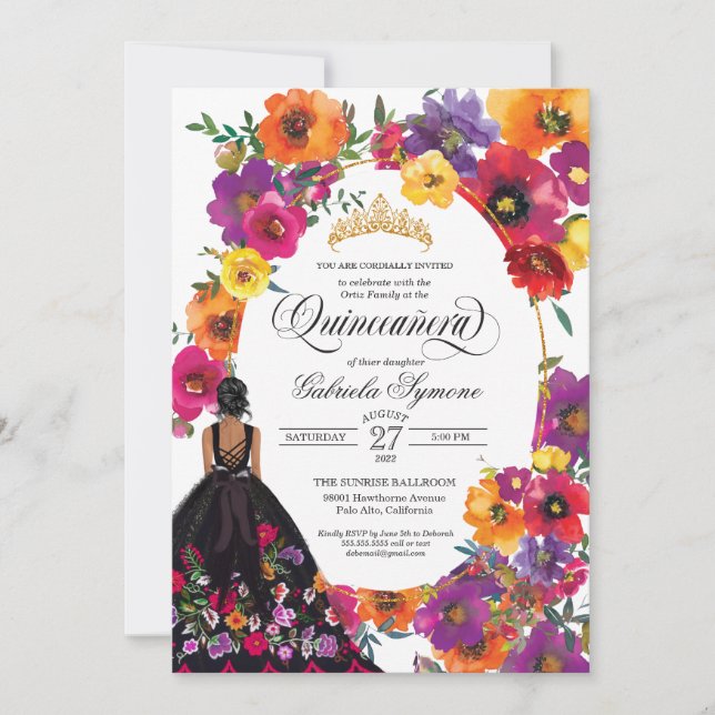 Embroidery Flowers Watercolor Blommigt Quinceañera Inbjudningar (Framsida)