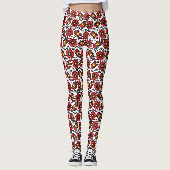 Embroidery Folklore Art kor-stygch-blommigt blomma Leggings (Framsida)