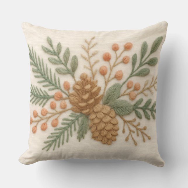 Embroidery jul Blommigt Sprig Pinecone Cream Kudde (Framsida)