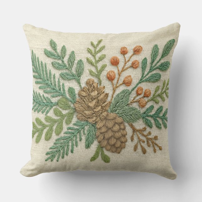 Embroidery jul Blommigt Sprig Pinecone Kudde (Framsida)