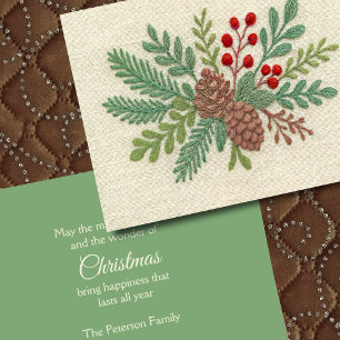 Embroidery jul Blommigt Sprig Pinecone Red Helgkort