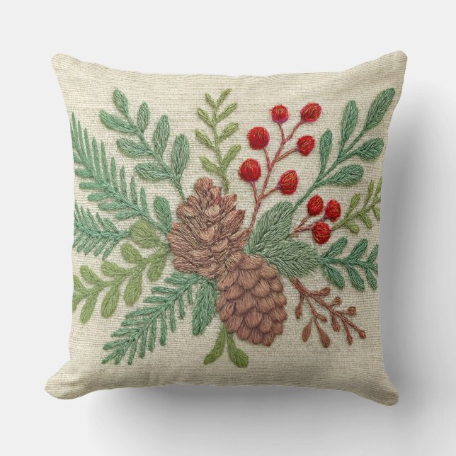 Embroidery jul Blommigt Sprig Pinecone Red Kudde (Framsida)