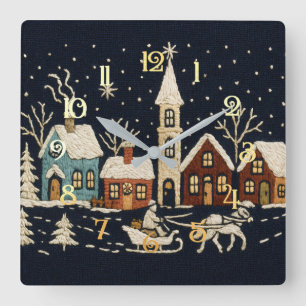 Embroidery jul Snowy Village Scene Blue Fyrkantig Klocka
