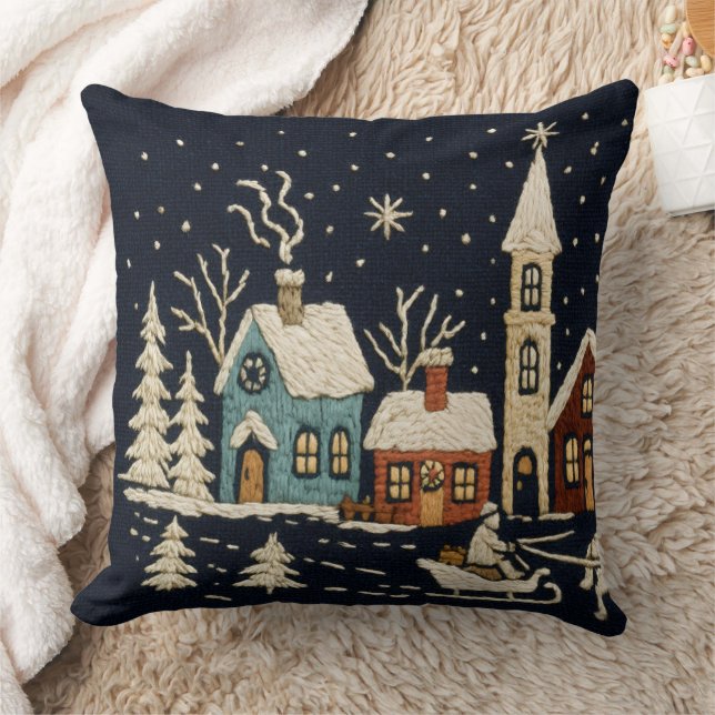 Embroidery jul Snowy Village Scene Blue Kudde (Filt)