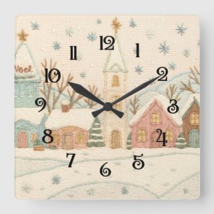 Embroidery jul Snowy Village Scene Fyrkantig Klocka