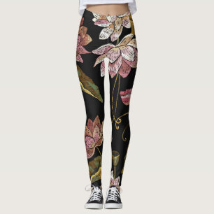 Embroidery Lotus Flowers Seamless Mönster Leggings