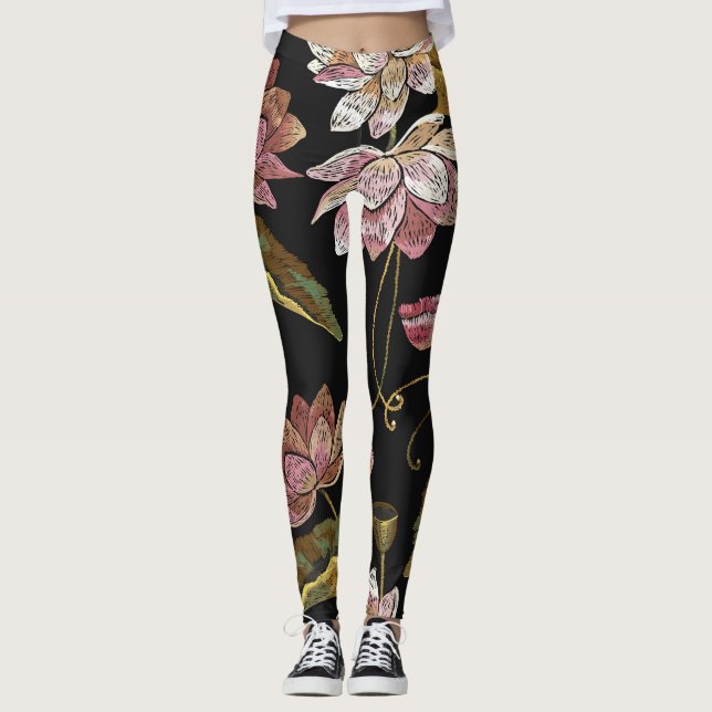 Embroidery Lotus Flowers Seamless Mönster Leggings (Framsida)