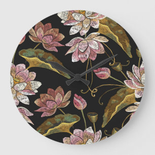 Embroidery Lotus Flowers Seamless Mönster Stor Klocka