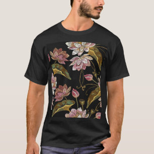 Embroidery Lotus Flowers Seamless Mönster T Shirt