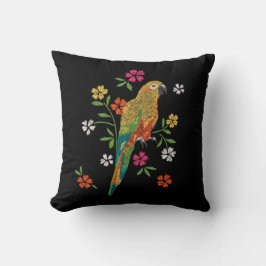 Embroidery Print Parrot Red Gult Rosa Blommigt Kudde