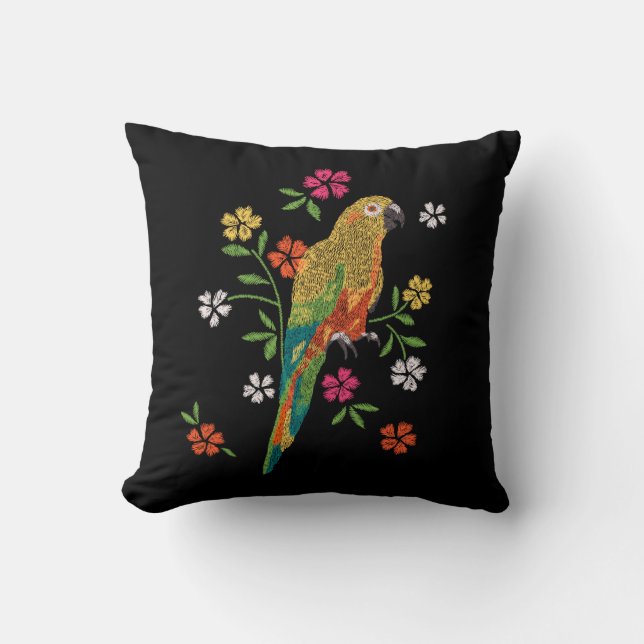 Embroidery Print Parrot Red Gult Rosa Blommigt Kudde (Framsida)
