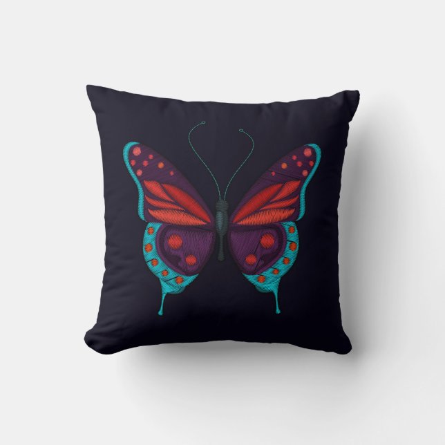 Embroidery Print Red Blue Lila Butterfly Black Kudde (Framsida)