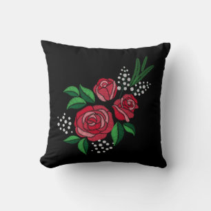 Embroidery Print Röd ros Grönt Lämna White-blomma Kudde