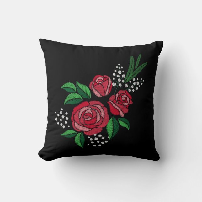 Embroidery Print Röd ros Grönt Lämna White-blomma Kudde (Framsida)