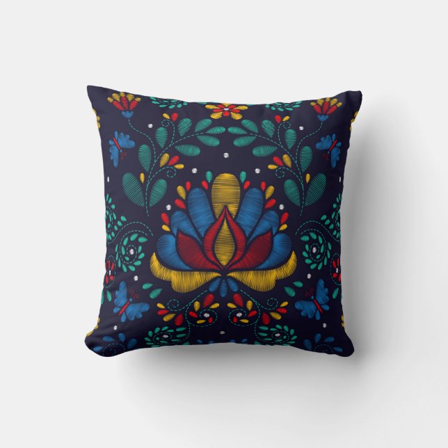 Embroidery Print Traditional Mexican Blommigt Kudde (Framsida)