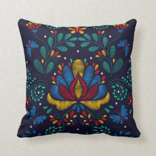 Embroidery Print Traditional Mexican Blommigt Kudde