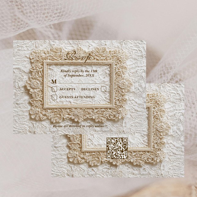 Embroidery Timeless Lace QR Code Wedding RSVP card OSA Kort (Skapare uppladdad)