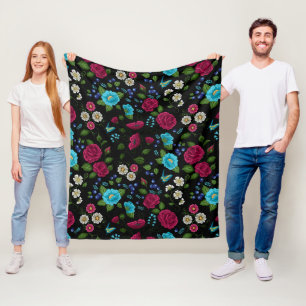 Embroired Folk Stil Rosa Blue Blommigt Black Fleecefilt