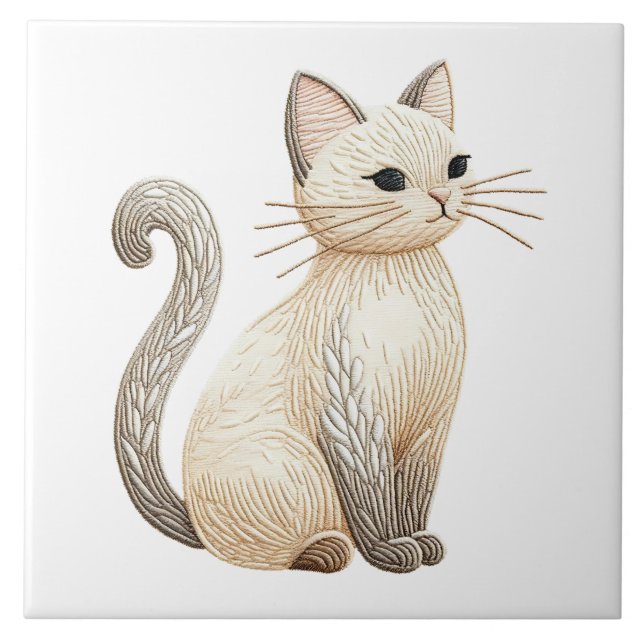 Embroized Beige Kattunge Boho Cat Ceramic Tile Kakelplatta (Framsidan)