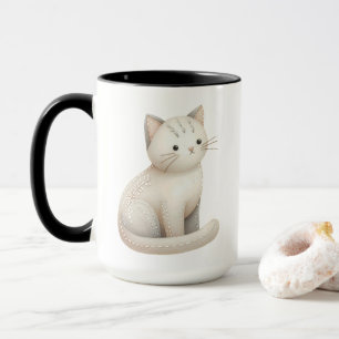 Embroized Beige Kattunge Boho Cat Mugg