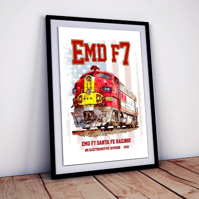 EMD F7 Santa Fe Warbonnet med amerikansk flagga. Poster (EMD F7 Santa Fe Warbonnet with American Flag. Poster)
