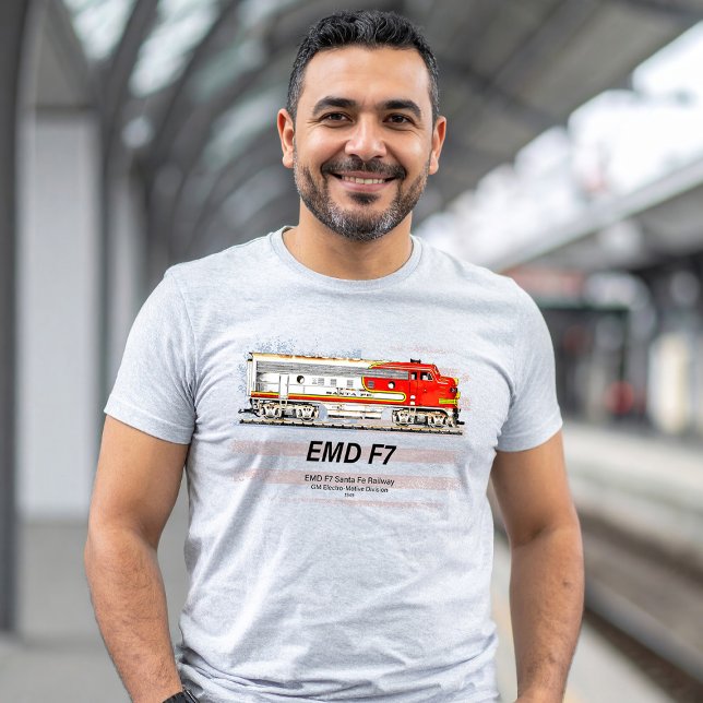 EMD F7 Santa Fe Warbonnet with American Flag. T Shirt (EMD F7 Santa Fe Warbonnet Diesel Locomotive. Mens Basic T-Shirt)