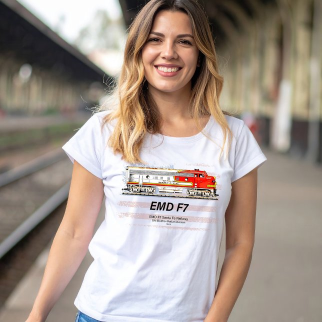 EMD F7 Santa Fe Warbonnet with American Flag. T Shirt (EMD F7 Santa Fe Warbonnet Diesel Locomotive. Womens Basic T-Shirt)