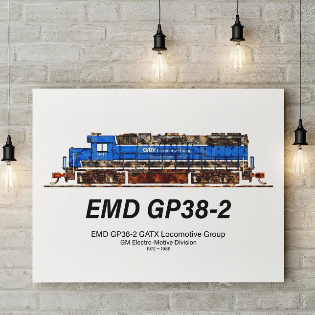 EMD GP38-2 Diesel Locomotive GATX blå och vit Fototryck (EMD GP38-2 Diesel Locomotive GATX blue and white. Photo Print)